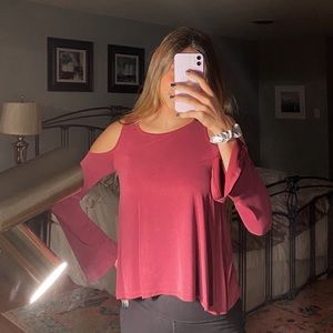 Bell Sleeve Cold Shoulder Burgundy Top Hollister